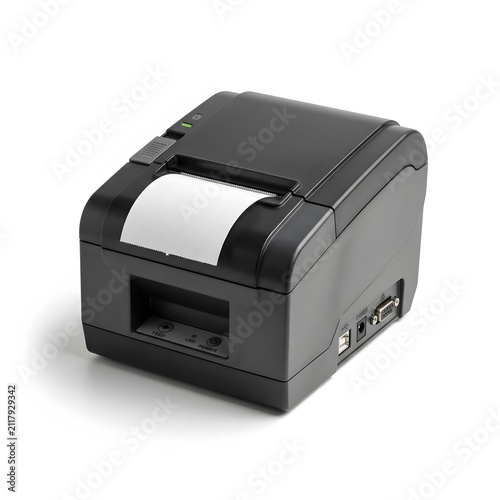 Modern Black Thermal Receipt Printer for Retail and Business, Isolated on White Background