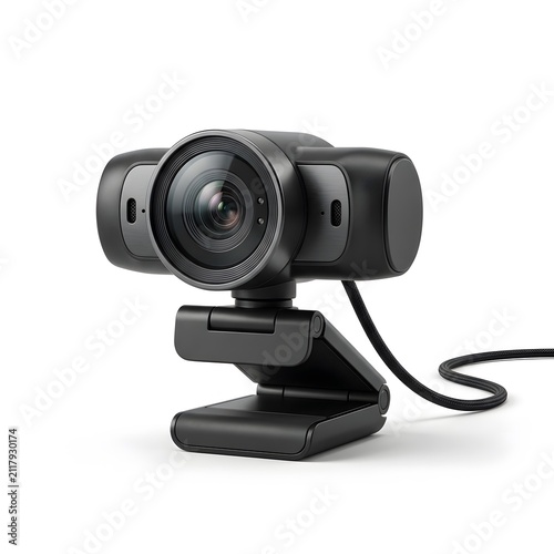 Modern Black Webcam with Adjustable Stand and Cable, Isolated on White Background - High Definition Video Recording Device