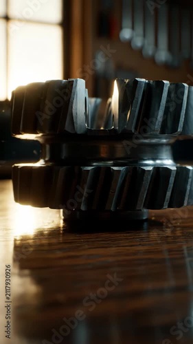Close up of mechanical gears on a wooden workbench bathed in sunlight