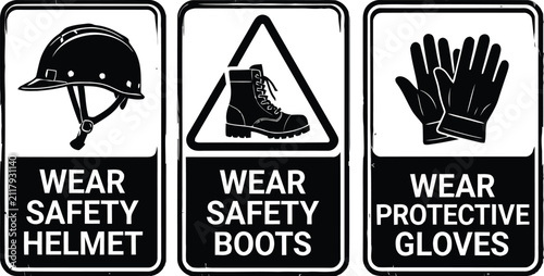Safety signs wear helmet boots gloves vector icons