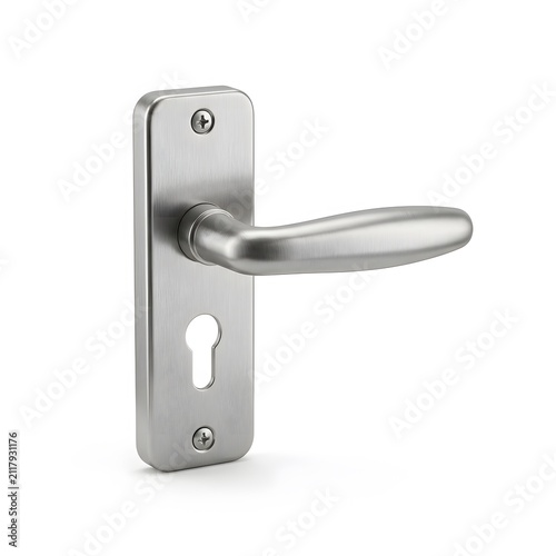 Modern Brushed Stainless Steel Door Handle with Keyhole and Screws - Isolated on White Background
