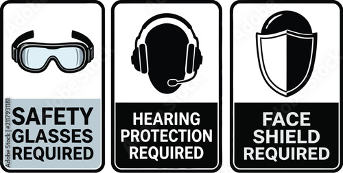 Safety signs for glasses, hearing, and face shield required