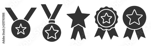 Black medal icons with star shapes and ribbons are displayed in various designs. These award symbols represent achievement and recognition on transparent background.
