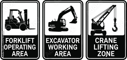 Construction Heavy Equipment Safety Signboard Vector Set - Forklift, Excavator, Crane