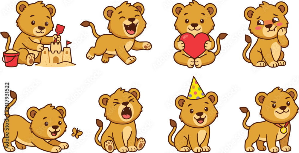 Obraz premium Playful Little Lion Cub Cartoon Character Sticker Sheet with Multiple Expressions Birthday Party Hat Beach Sandcastle and Heart Elements