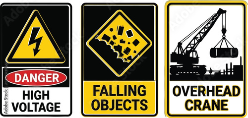 Three safety warning signs for voltage, falling objects, crane