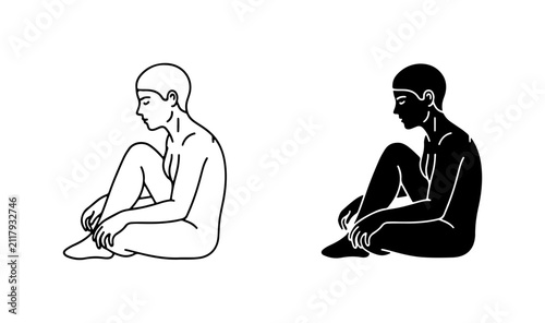 Obraz na plátně Minimalist Line Art Figure, Contemplative Pose Vector, Human Silhouette, Black a