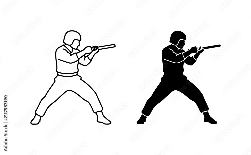 Obraz premium Soldier Silhouette, Military Figure, Combat Pose, Vector Icon Set, Black and White