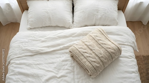 Top view of a comfortable bed with white bedding and a folded floral patterned blanket on top