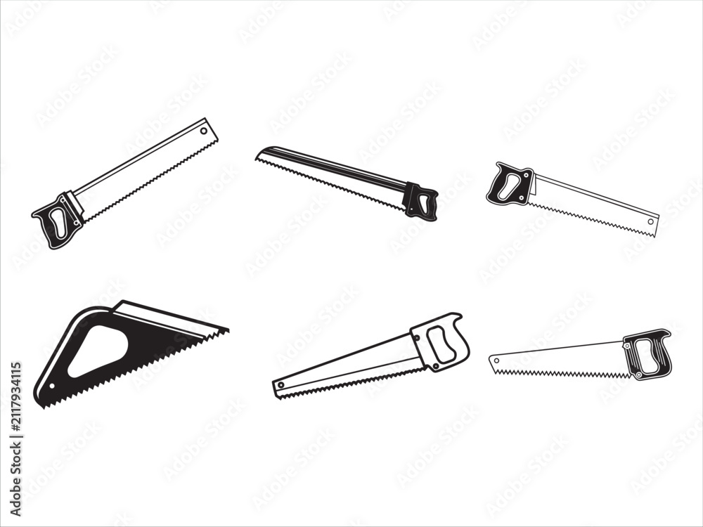 Fototapeta premium Six different types of handsaws for cutting wood and metal tools