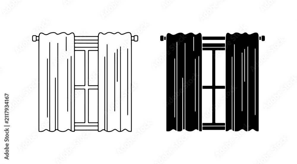 Obraz premium Window Drapes Vector Icons, Curtain Set, Interior Design Elements, Black and White Graphics