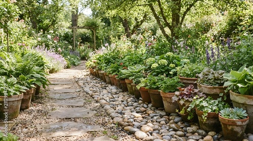 A peaceful garden path lined with terracotta pots filled with lush green plants and blooming flowers