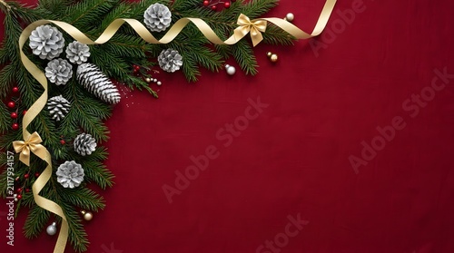 Christmas background with festive pine branches silver pinecones and golden ribbon on a deep red surface
