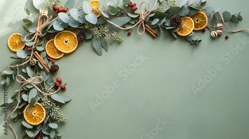 Festive christmas garland border with dried orange slices and eucalyptus leaves on a sage green background