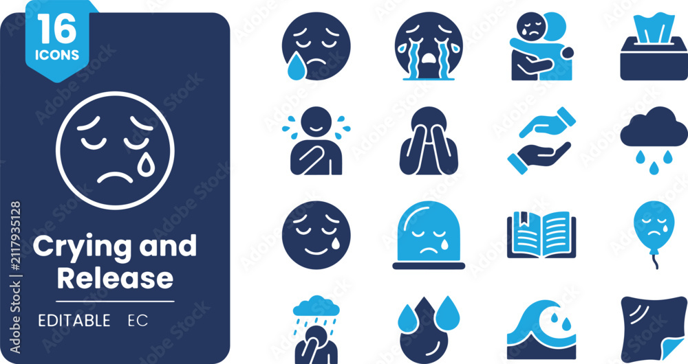 Fototapeta premium Set of vector icons depicting various stages of crying, emotional release, sadness, comfort, and healing in a modern two-tone style