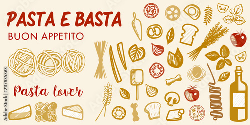 Bild auf Leinwand Italian pasta illustration set with various noodle shapes wheat and herbs vector