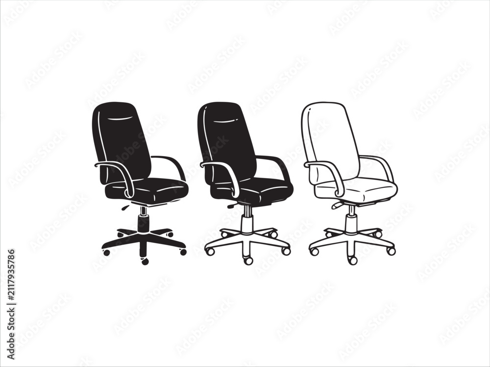 Obraz premium Three office chairs in different line styles and colors modern furniture design