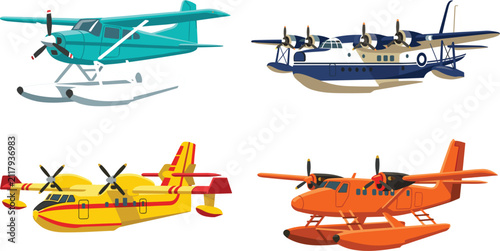 Amphibious Aircraft and Seaplane Vector Icon Set Featuring Classic Floatplanes Water Bombers Flying Boats and Twin Engine Utility Transport Planes