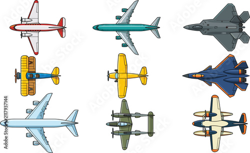 Aviation and Military Airplane Top View Vector Set Featuring Commercial Airliners Stealth Fighter Jets Vintage Biplanes and Twin Engine Aircraft