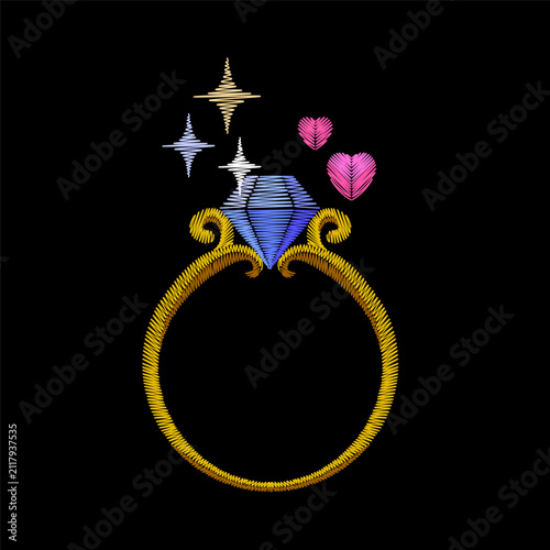 Diamond ring hearts sparkles embroidery pattern. Wedding love romantic needlework. Clothing towel bag cover print design. Black background hand-stitched vector art.