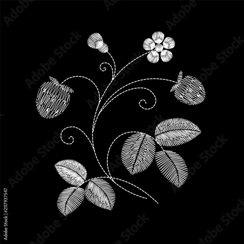White strawberry flower embroidery design. Folk needlework sketch style. Clothing towel bag cover print. Black background hand-stitched vector art.