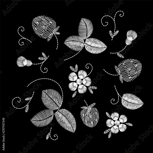 White strawberry floral embroidery pattern set. Folk needlework sketch style. Clothing towel bag cover print design. Black background hand-stitched vector art.