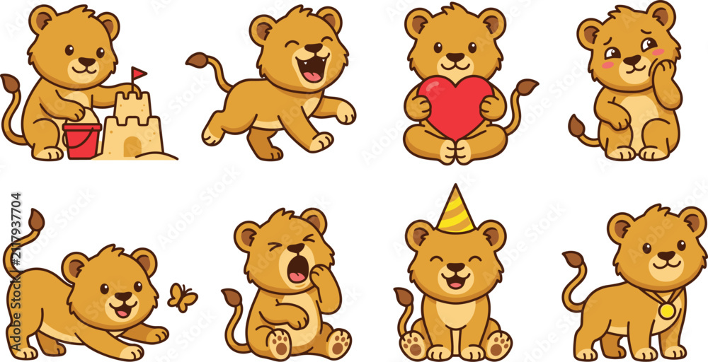 Obraz premium Cute Baby Lion Cartoon Character Sticker Set in Various Poses with Birthday Hat Heart Sandcastle and Butterfly Elements for Kids Designs