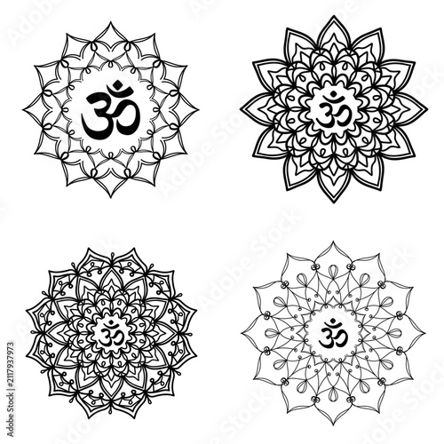 Om or Aum is an Indian sacred sound against a mandala background. It symbolizes the divine triad of Brahma, Vishnu, and Shiva.