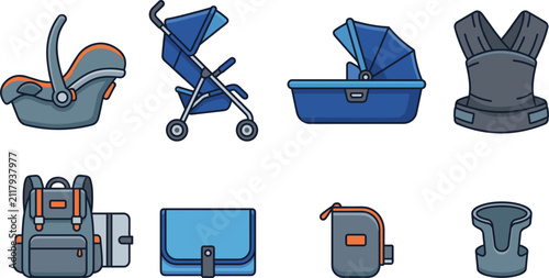 Infant Transport and Baby Travel Equipment Icon Set Featuring Stroller Safety Car Seat Bassinet Carrier Diaper Backpack and Thermal Pouches