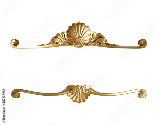 Gold rococo ornament with classical decorative shell and acanthus scroll details, adding a touch of vintage luxury and antique elegance to any design on a transparent background