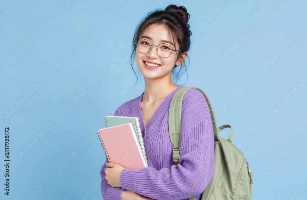 Obraz premium Academic education. Asian lady with backpack and notebooks smiling at camera on blue studio background. Korean woman university student ready to start education