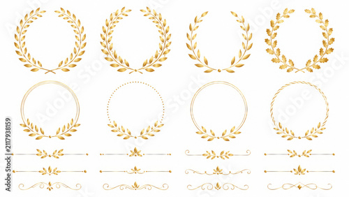 Laurel wreath and plant gold frame decorative border illustration set