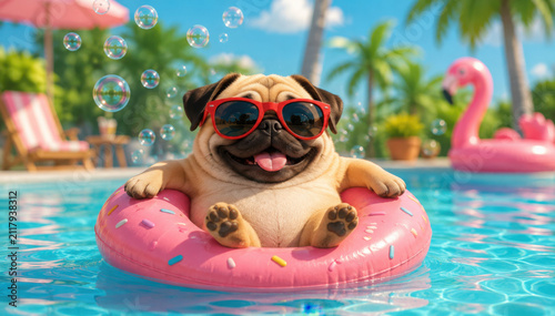 Cute cartoon pug wearing red sunglasses floats on pink ring in turquoise swimming pool water. Funny dog relaxes during hot summer day outdoors. Pet animal enjoys pool party fun with bubbles around