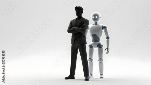 Minimalist concept of businessman standing with futuristic robot assistant.