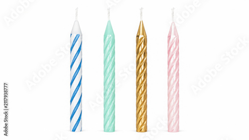 Four festive birthday cake candles isolated on transparent background