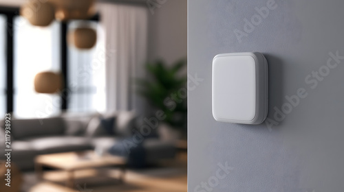 A close-up shot of a smart air quality sensor affixed to a wall displays a sharp focus against a blurred background, capturing the essence of a contemporary living room setting.