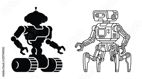 Fotografía Robot Silhouette And Line Art Illustration On White Background
