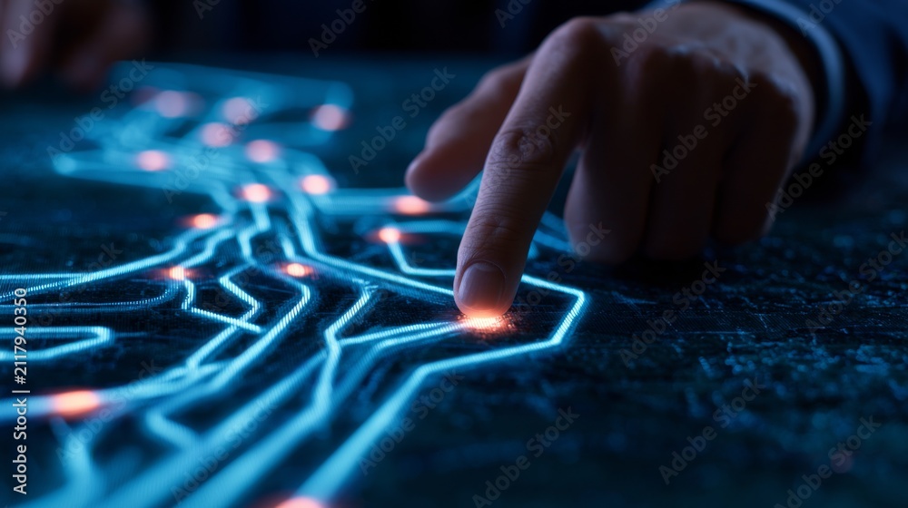 Fototapeta premium Illuminated Pathway Selection by Executive Hand Touching Digital Circuit Interface
