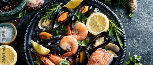 Obraz  z motywem Seafood platter with mussels shrimp salmon and lemon slices on a dark tray shellfish fish marine ocean culinary gastronomy food dining meal dish