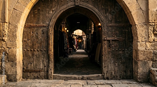 Ancient stone archway with weathered wooden doors