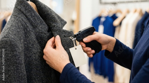 Close-up of store worker hands attaching a price tag to a grey coat using a tagging gun in a boutique.