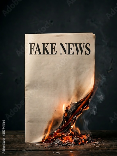 Newspaper with fake news headline burning on wooden surface with embers and smoke against dark background as symbol of destruction of truth digital art illustration