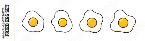 Fotografía Set of four fried egg icons with simple white shapes, yellow yolks, and clean outline style, ideal for breakfast menus, food labels, recipe graphics, stickers, and cafe design projects