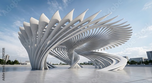 Futuristic Parametric Pavilion with Flowing White Helical Ribs and Organic Architectural Design