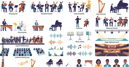 Fotografie Collection of orchestra and classical music illustrations featuring musicians, i