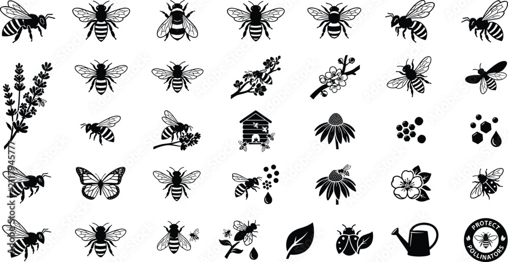 Obraz premium Set of bee silhouettes featuring honeybees, beehives, flowers, and pollination icons