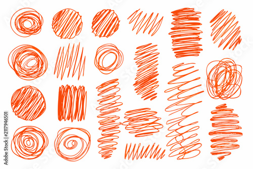 Cuadro en lienzo Orange scribble doodle set on a white background featuring various hand drawn li