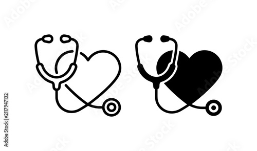 Cuadro en lienzo Heart Stethoscope Icons, Medical Health Care Symbols, Cardiology Diagnostic Tool
