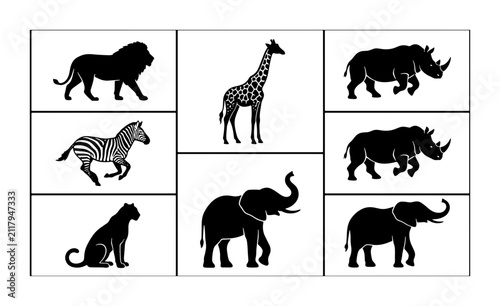 Photography African Safari Wildlife Silhouettes, 7 Vector Icons Set: Lion, Giraffe, Rhinocer