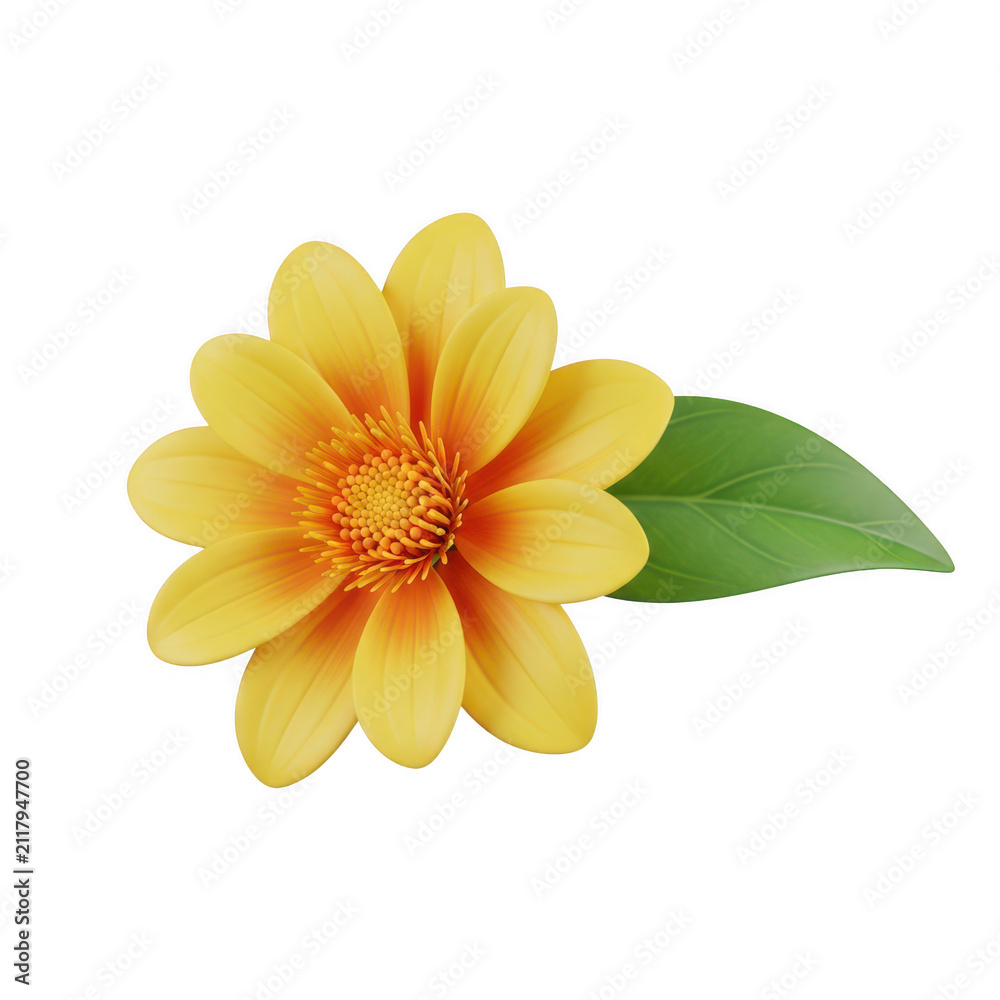 Fototapeta premium Bright yellow flower with green leaf isolated